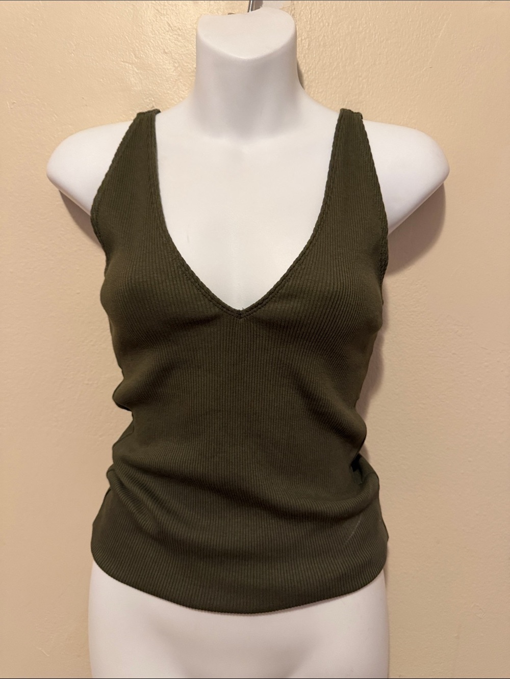Express Olive Green Ribbed V-Neck Tank